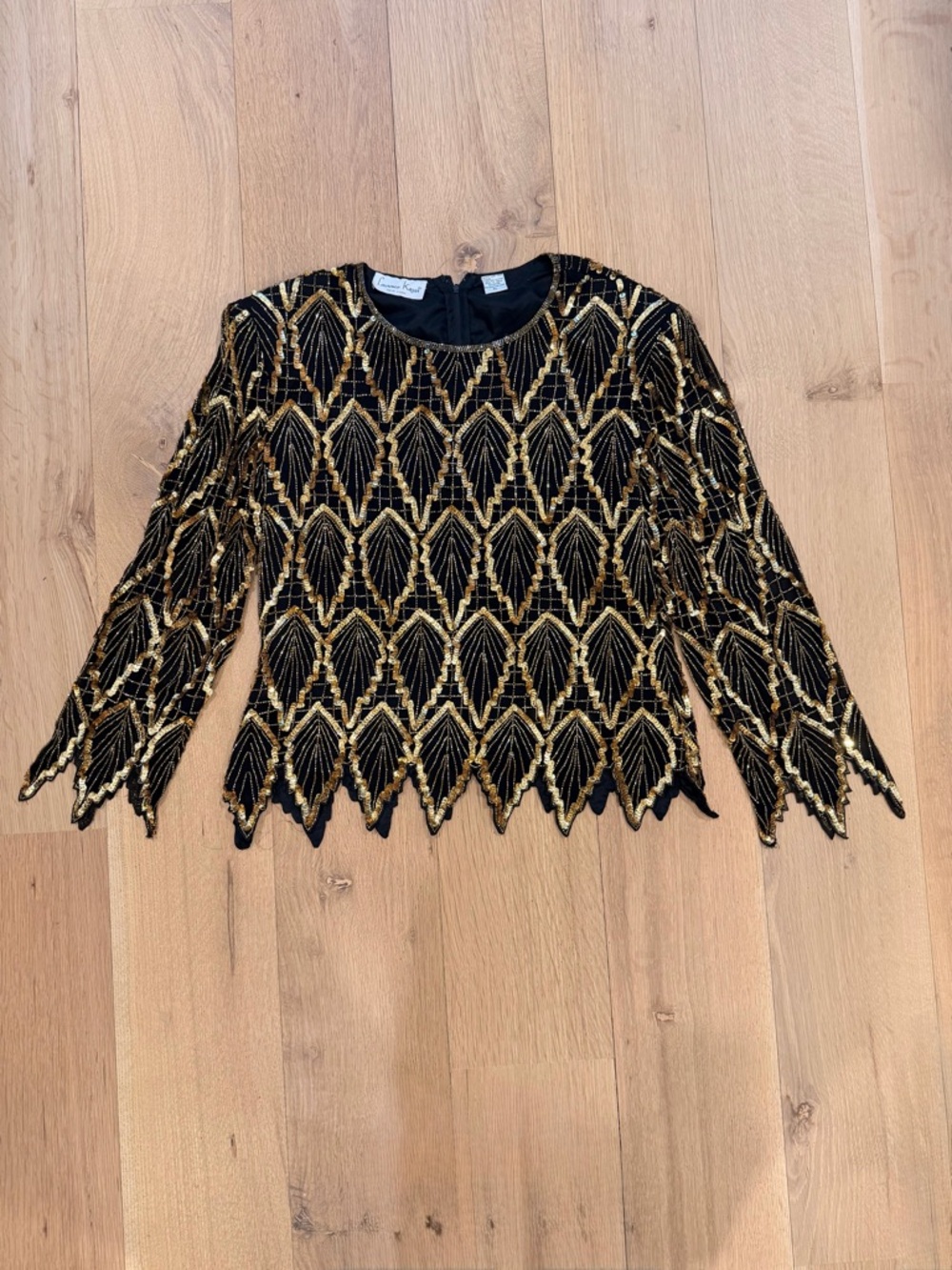 Vintage Lawrence Kazar Silk Beaded Art Deco Top Black Gold XL